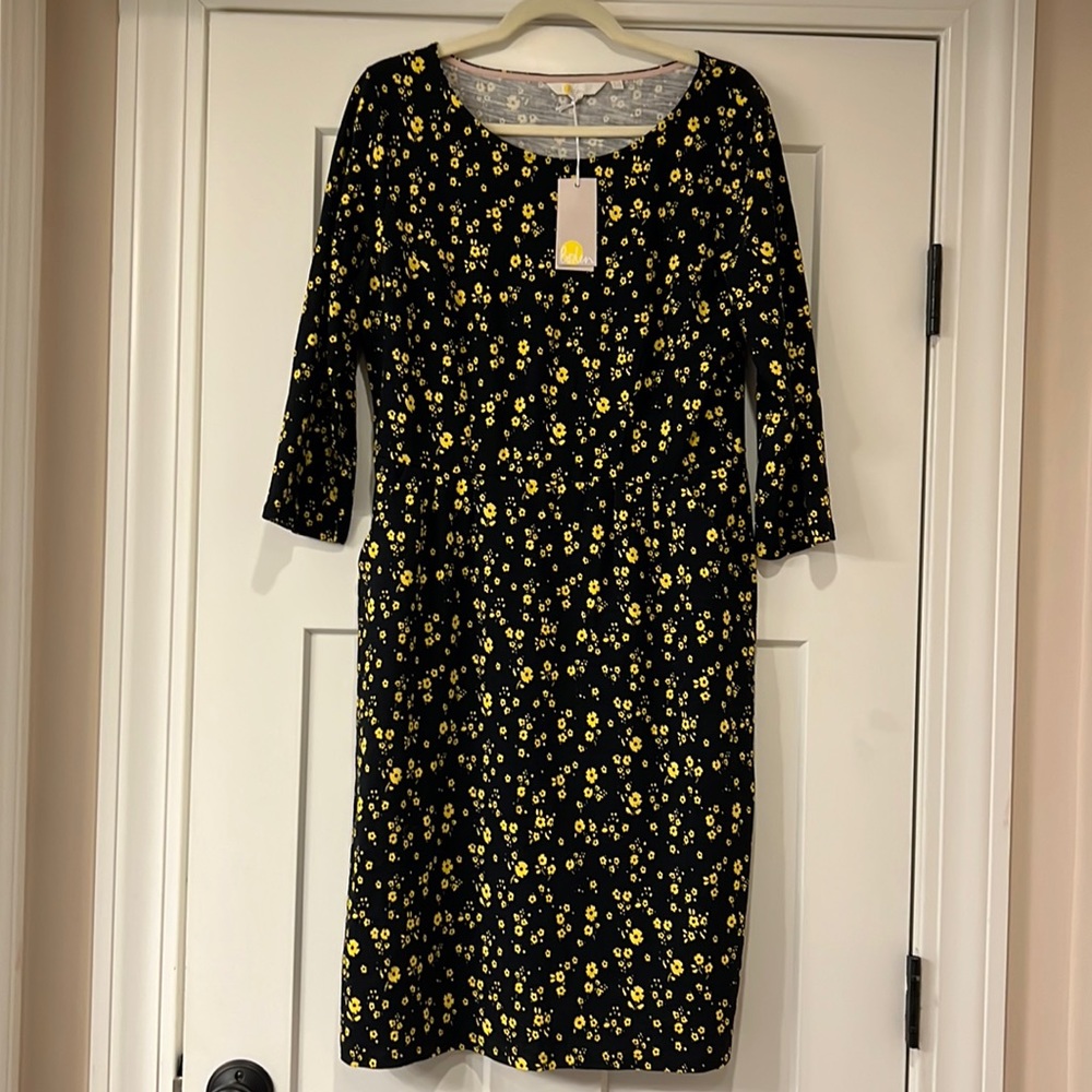 Boden Penny Jersey Dress Black with Yellow Flowers NWT